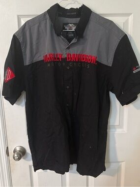 Harley-Davidson Black & Gray Short-Sleeve Embroidered Work Shirt with Red Logo